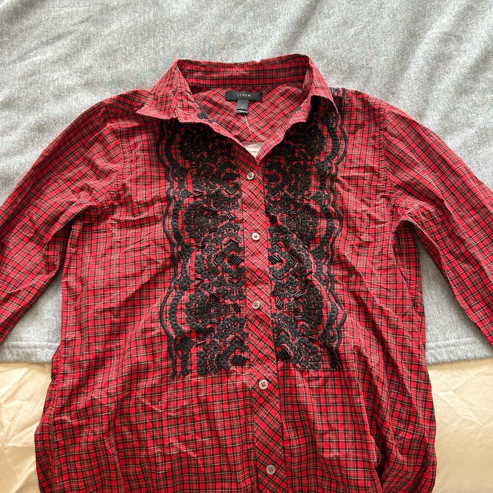 Red Plaid J Crew Button-Up Shirt with Black Lace Detail